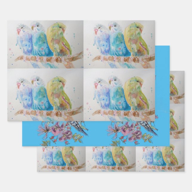 Feuille De Papier Cadeau Bougie art Fleur Floral Bleu Oiseau Aquarelle (Lot)