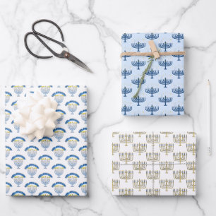 Feuille De Papier Cadeau Bougies de la Menorah de Hanukkah dessinées à la m