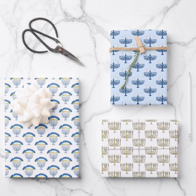 Feuille De Papier Cadeau Bougies de la Menorah de Hanukkah dessinées à la m (Recto)