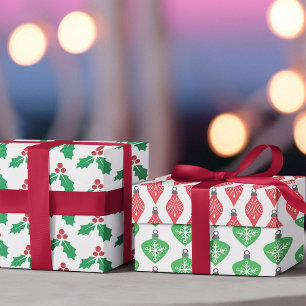 Feuille De Papier Cadeau Boule de Noël verte rouge au houx