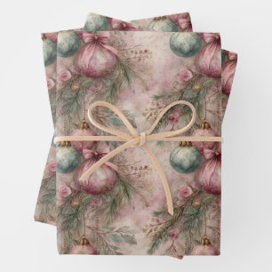 Feuille De Papier Cadeau Boule de Noël vintage rose et vert à l'aquarelle 