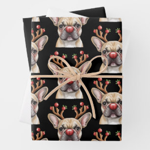 Feuille De Papier Cadeau Bouledogue Français Renne Amoureux des Chiens Noël