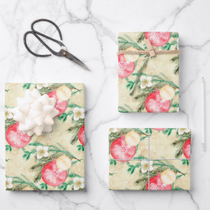 Feuille De Papier Cadeau Boules de Noël rose or