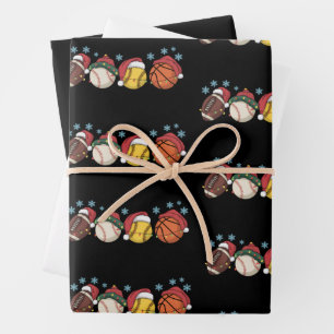 Feuille De Papier Cadeau Boules de sport de Noël Lumières Santa Famille Spo