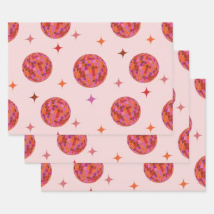 Feuille De Papier Cadeau Boules disco Rose Violet Orange Rétro avec des Éto