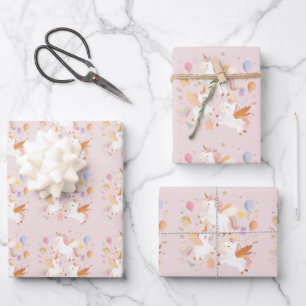 Feuille De Papier Cadeau Bouncing Unicorns Pastel Pink mignon Anniversaire