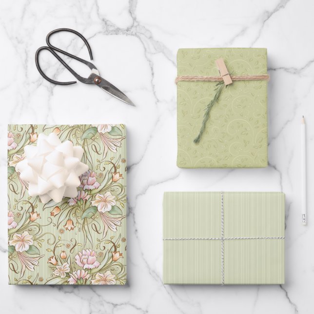 Feuille De Papier Cadeau Bountiful Bouquet Olive Wrapping ensemble de 3 (Recto)