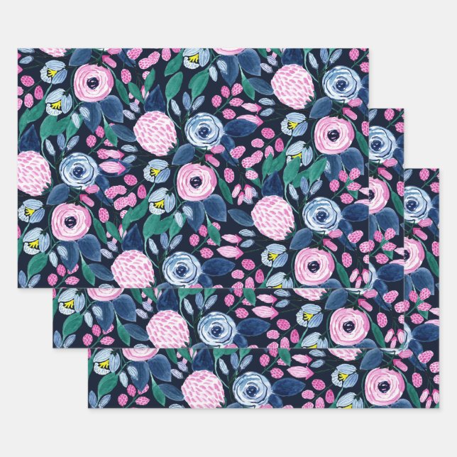 Feuille De Papier Cadeau Bouquet d'aquarelle bleu marine rose (Lot)