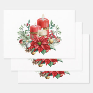 Feuille De Papier Cadeau Bouquet de bougies et Poinsettia Noël