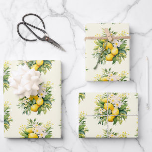 Feuille De Papier Cadeau Bouquet de citrons avec motif de fleurs blanches