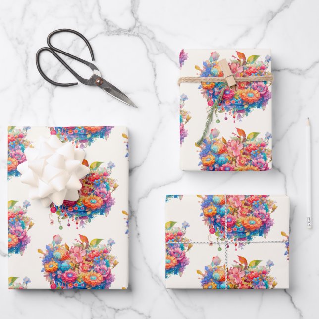 Feuille De Papier Cadeau Bouquet de fleurs en rose orange & bleu (Recto)