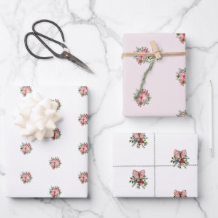 Feuille De Papier Cadeau Bouquet d'Euphorbe Rose avec Houx et Baies