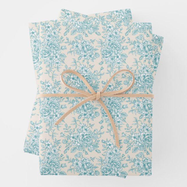 Feuille De Papier Cadeau Bouquet Rose bleu Jardin Motif Floral (En situation)