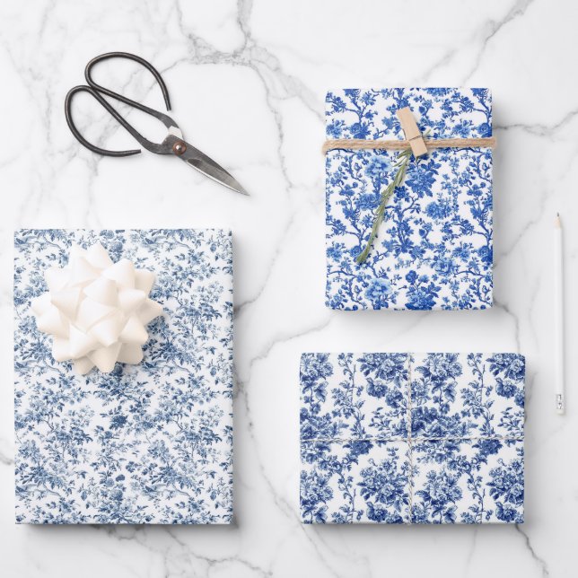 Feuille De Papier Cadeau Bouquet Toile Bleue 3 (Recto)