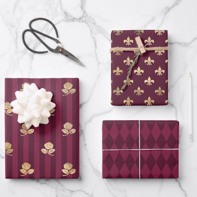 Feuille De Papier Cadeau Bourgogne et Or Paris (Recto)
