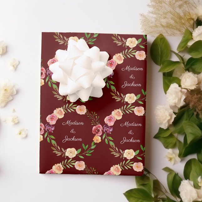 Feuille De Papier Cadeau Bourgogne Floral Élégant Peony Monogram Mariage (Créateur téléchargé)