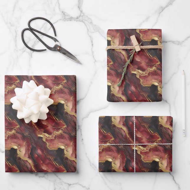 Feuille De Papier Cadeau Bourgogne, Marbre Noir & Or (Recto)