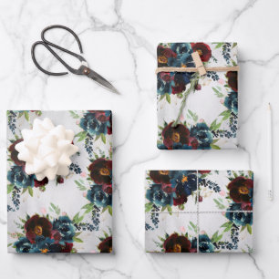 Feuille De Papier Cadeau Bourgogne Marine Peony & Bouquet Rose