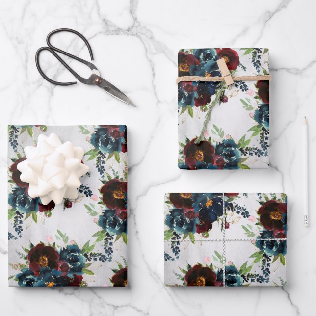 Feuille De Papier Cadeau Bourgogne Marine Peony & Bouquet Rose (Recto)