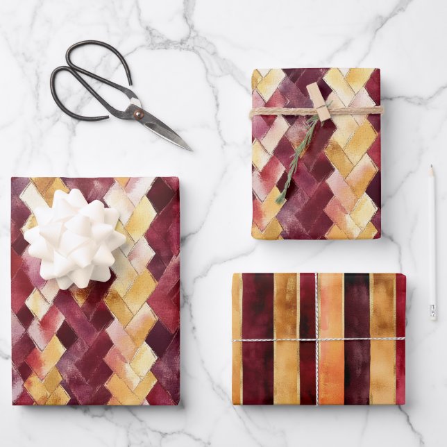 Feuille De Papier Cadeau Bourgogne Or Pêche Zigzag Noël (Recto)