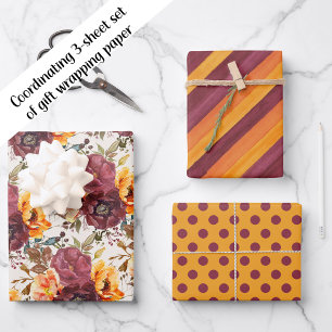 Feuille De Papier Cadeau Bourgogne Orange Floral Pois rayés