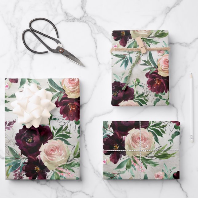 Feuille De Papier Cadeau Bourgogne Peony Blush Roses Mondial Rose (Recto)