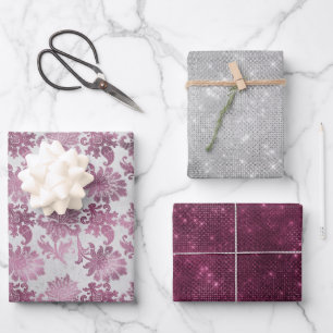 Feuille De Papier Cadeau Bourgogne Rouge Argent Floral Fête des mariées éti