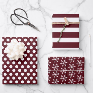 Feuille De Papier Cadeau Bourgogne Rouge pois blancs rayures flocons de nei