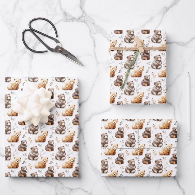 Feuille De Papier Cadeau Bours Brown mignons en blanc (Recto)