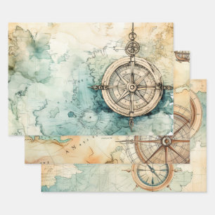 Feuille De Papier Cadeau Boussole Vintage et carte nautique ancienne 