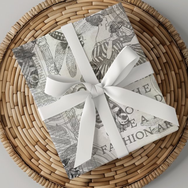 Feuille De Papier Cadeau Bouton botanique rétro Script noir et blanc (Créateur téléchargé)