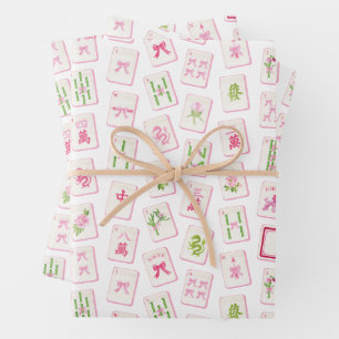 Feuille De Papier Cadeau Bowling Mahjong Rose & Vert à l'aquarelle
