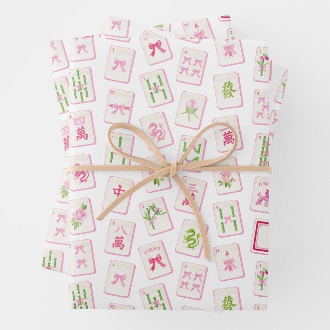Feuille De Papier Cadeau Bowling Mahjong Rose & Vert à l'aquarelle (En situation)