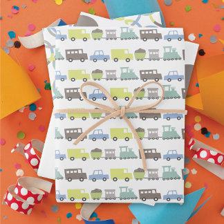 Feuille De Papier Cadeau Boys Jouets Pastel Blue Transport Enfant Fête d'an