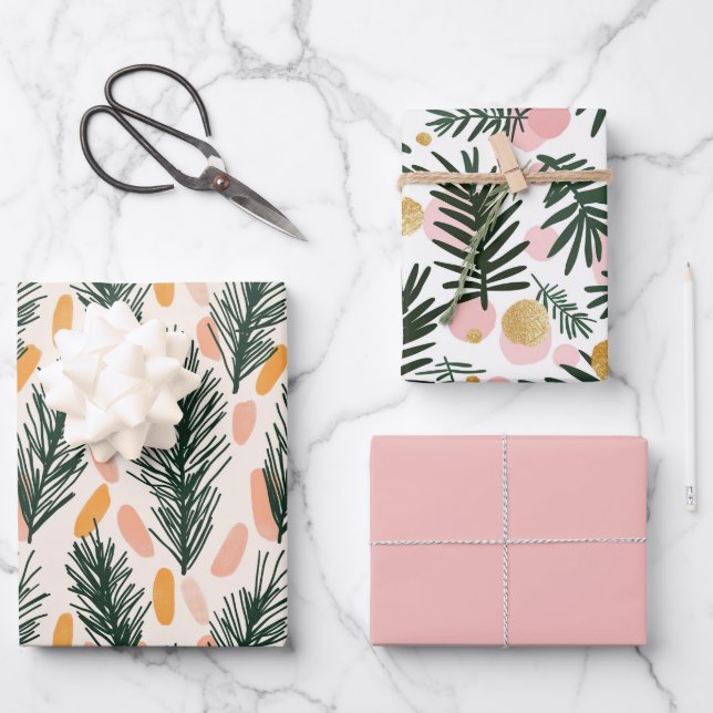 Feuille De Papier Cadeau Branches d'arbre de Noël vert rose (Recto)