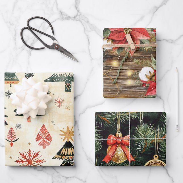 Feuille De Papier Cadeau Branches de l'arbre de Noël occidental Poinsettia  (Recto)