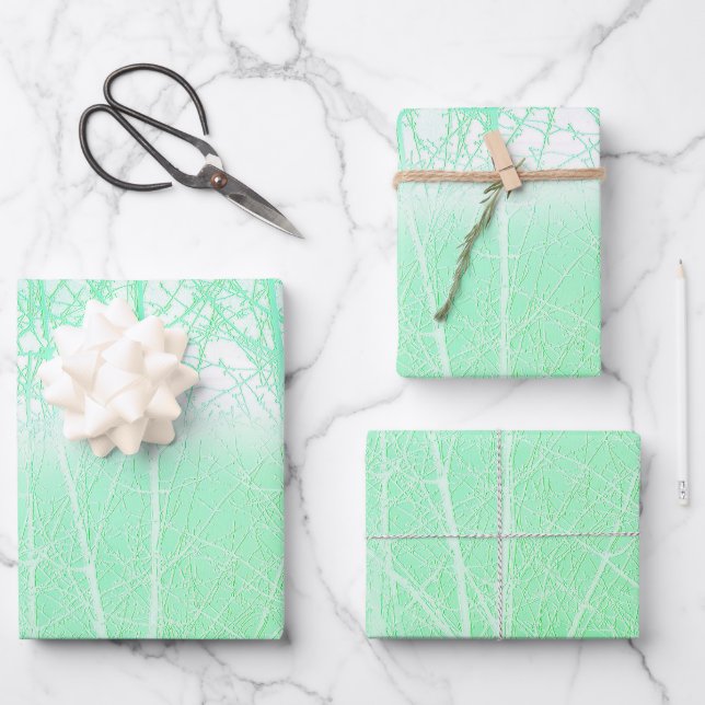 Feuille De Papier Cadeau Branches de Menthe Verte Brumeuse Givrée (Recto)