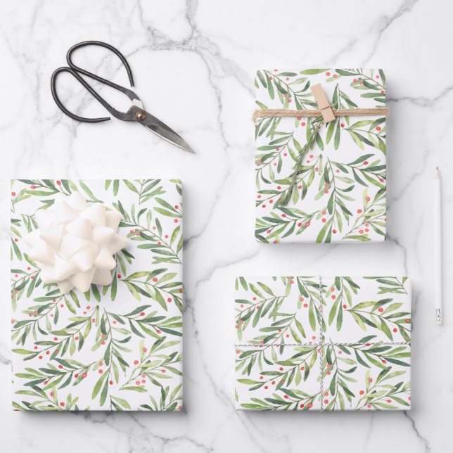 Feuille De Papier Cadeau Branches de Noël élégantes et baies (Recto)