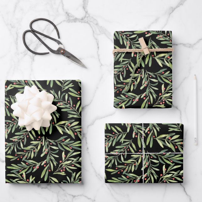 Feuille De Papier Cadeau Branches de Noël élégantes et baies (Recto)