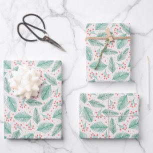 Feuille De Papier Cadeau Branches de pin de Noël dessinées à la main Vert R