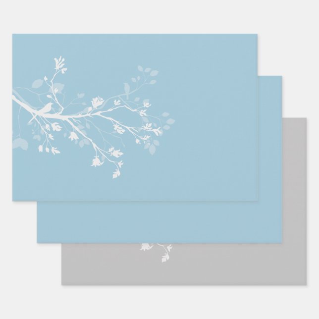 Feuille De Papier Cadeau Branches d'oiseaux bleues et blanches (Lot)