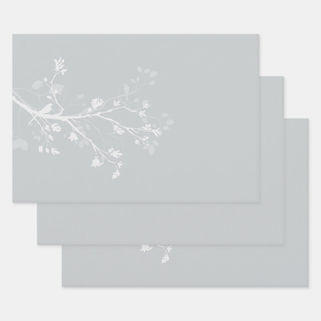 Feuille De Papier Cadeau Branches d'oiseaux gris blanc Mariage (Lot)