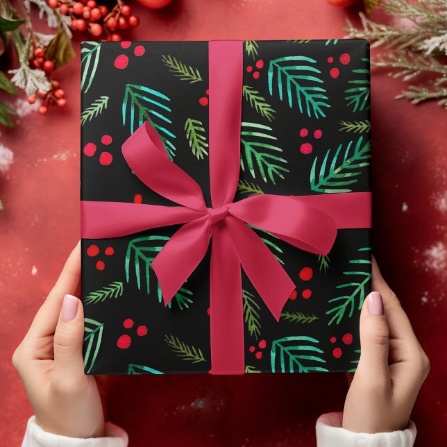 Feuille De Papier Cadeau Branches et baies d'arbres de Noël - noir (Créateur téléchargé)