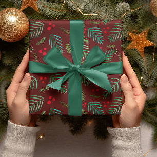 Feuille De Papier Cadeau Branches et baies des arbres de Noël - rouge et ve