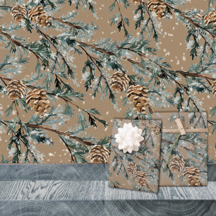 Feuille De Papier Cadeau Branches Et Cônes Rustiques De Juniper Bleu Kraft