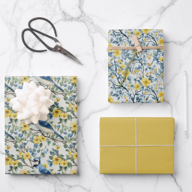 Feuille De Papier Cadeau Branches et fleurs d'oiseaux Blue Jays (Recto)