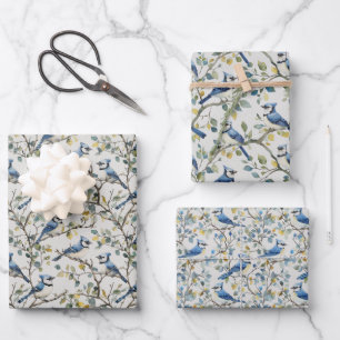 Feuille De Papier Cadeau Branches et fleurs d'oiseaux Blue Jays