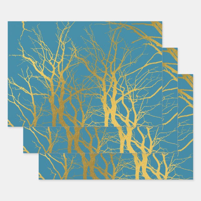 Feuille De Papier Cadeau Branches Gold Tree Motif Arrière - plan bleu (Lot)