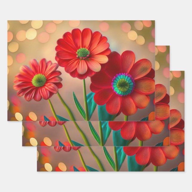 Feuille De Papier Cadeau Bright Red Daisy Flowers (Lot)