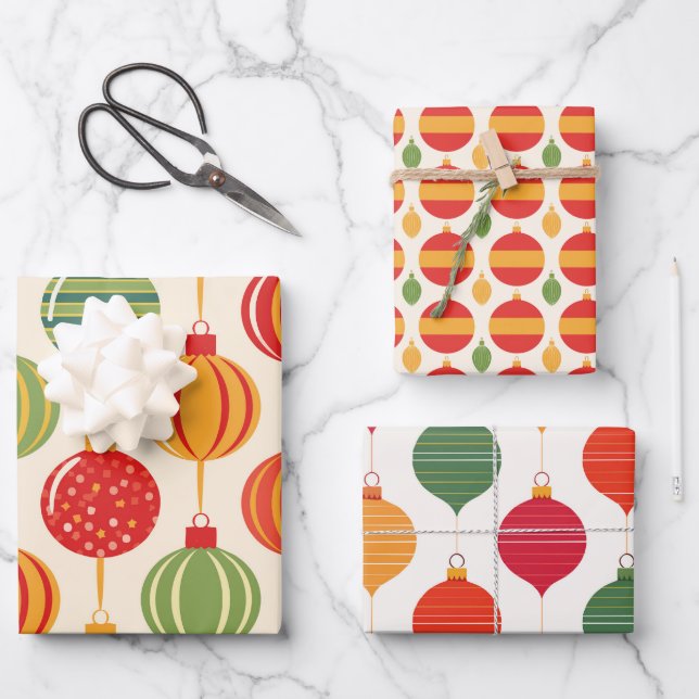 Feuille De Papier Cadeau Bright Retro Christmas Ornament Wrapping Paper (Recto)